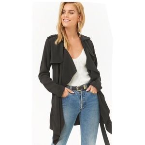 Black Draped Front Wrap Trench Style Jacket Coat